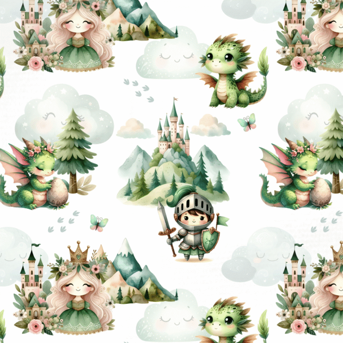 Tissu Imprimé Dragon Chevalier Vert, 11 tissus au choix