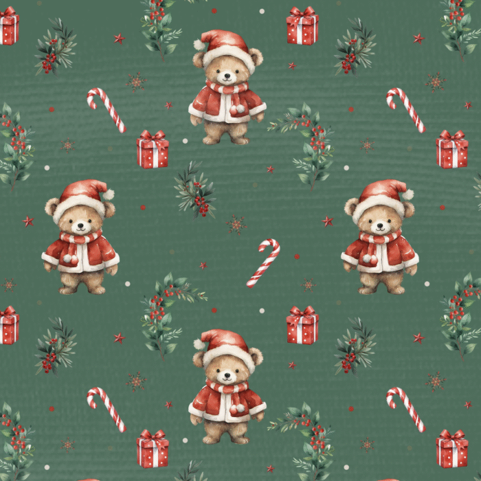 Tissu Imprimé Noel Adorable Ourson Vert, 11 tissus au choix