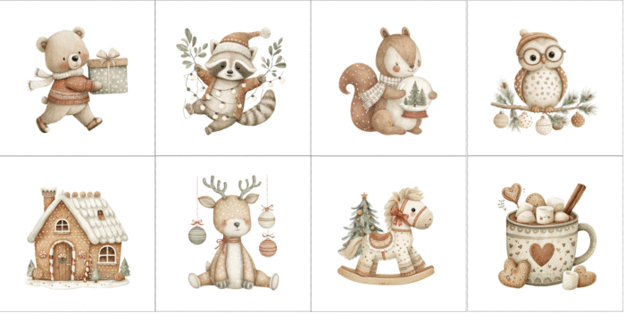 Panneau 8 lingettes lavables 12x12cm Noel Vintage Animaux Rouge