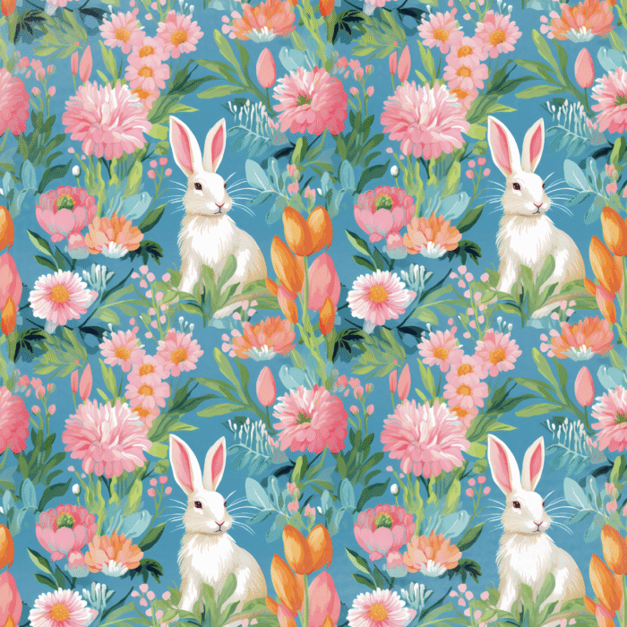 Tissu Imprimé Lapin Aquarelle Fleurs Bleu, 11 tissus au choix
