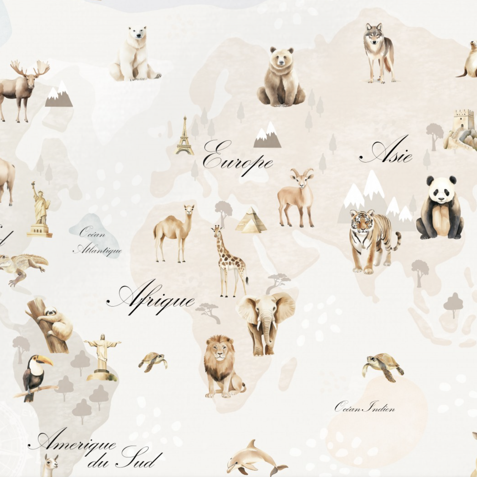 Tissu Imprimé Animaux Monde Pastel, 10 tissus au choix