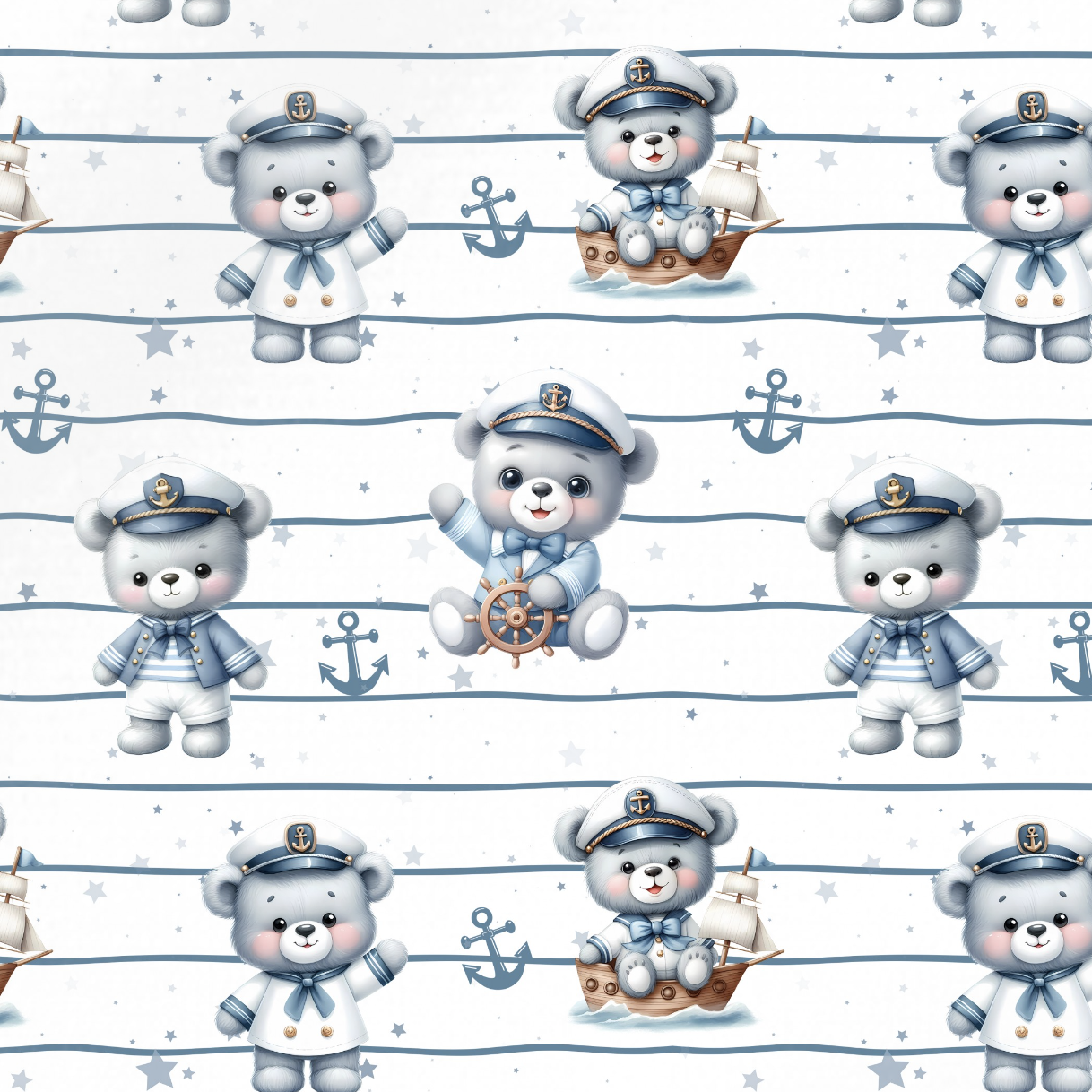 Tissu Imprimé Ourson Marin Capitaine, 11 tissus au choix