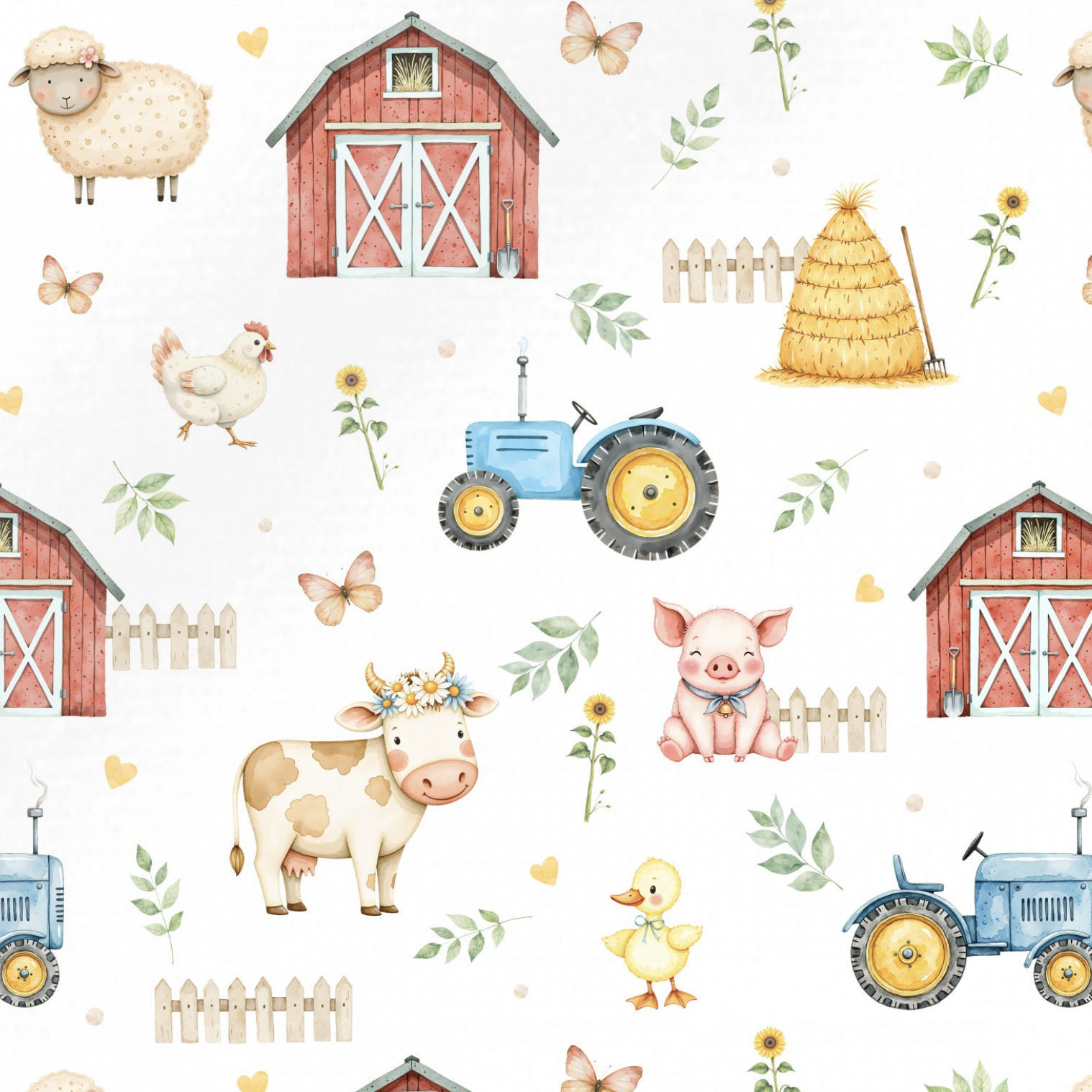 Tissu Imprimé Animaux de la Ferme Feuilles, 10 tissus au choix