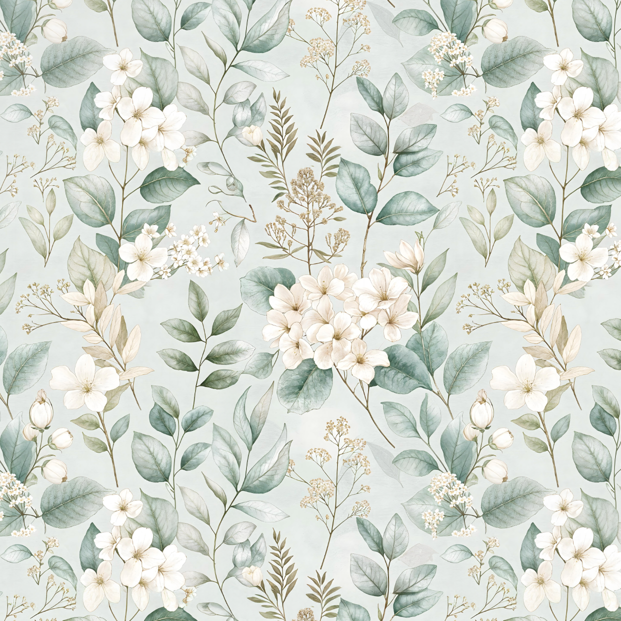 Tissu Fleurs Blanches Feuilles Menthe, 11 tissus au choix