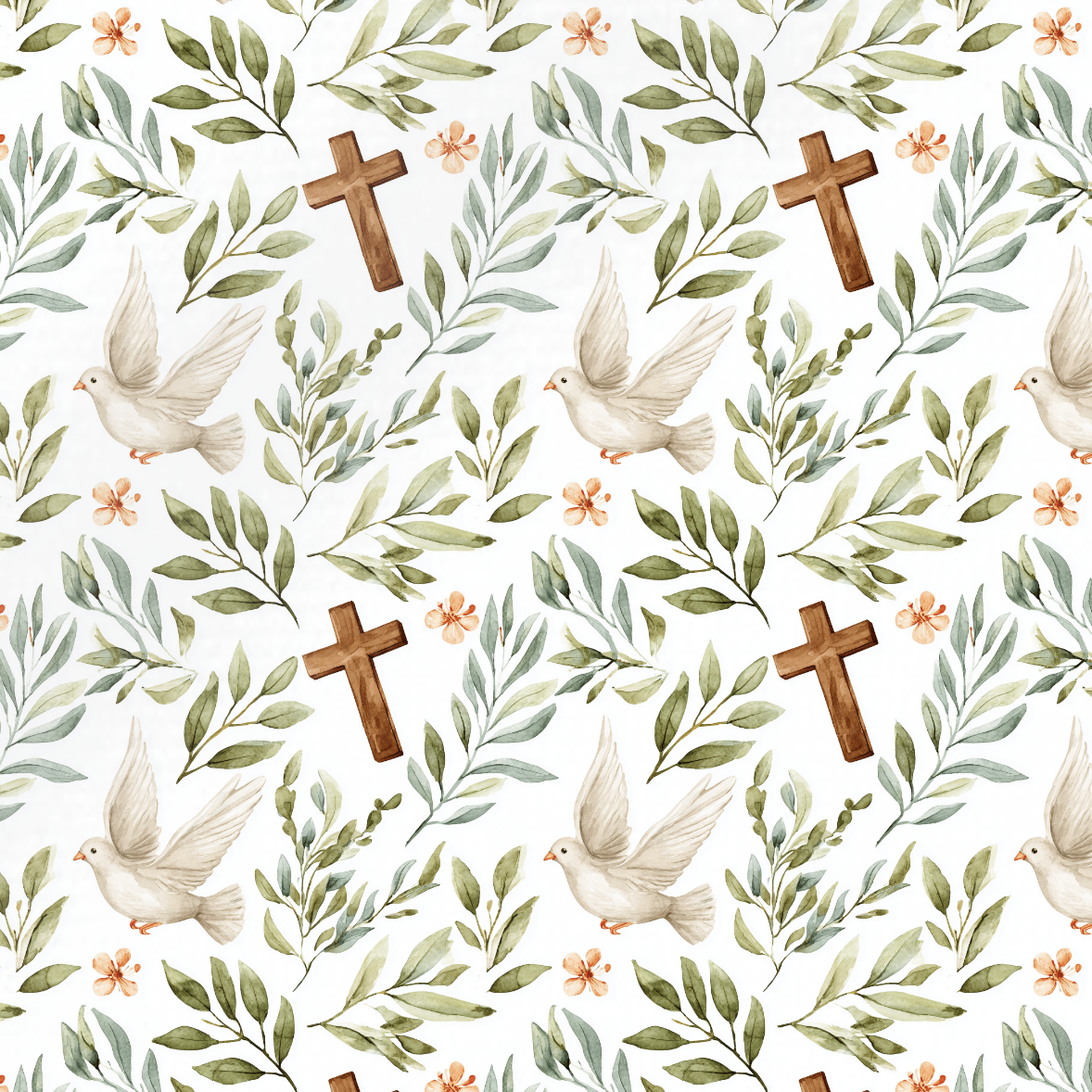 Tissu Imprimé Baptême Colombe Feuilles, 10 tissus au choix