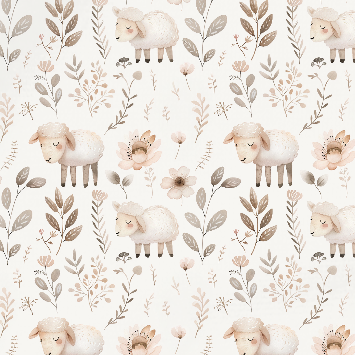 Tissu Imprimé Mouton Mignon Feuilles Crème, 10 tissus au choix