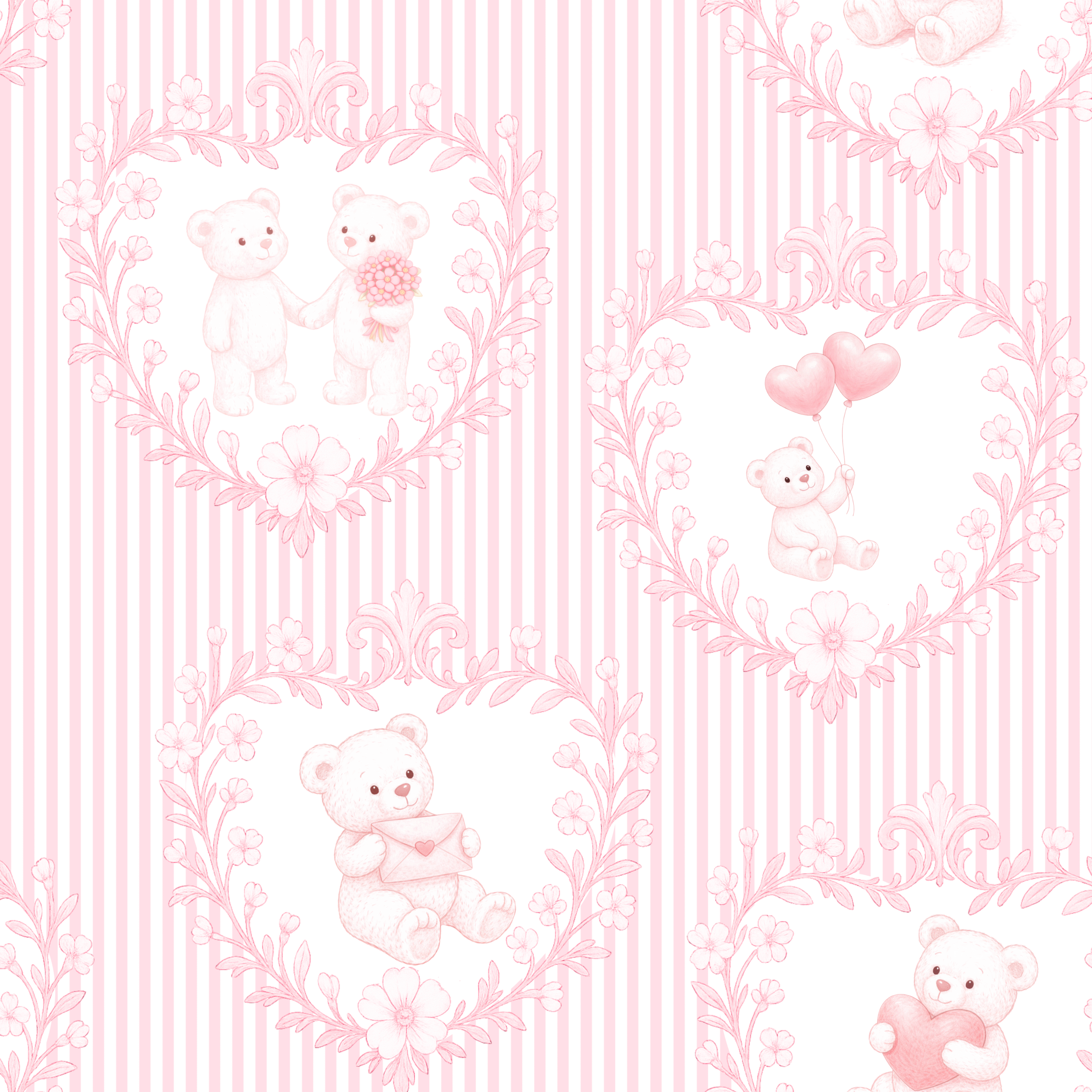 Tissu Imprimé Ourson Amour Coeur Rayures, 11 tissus au choix