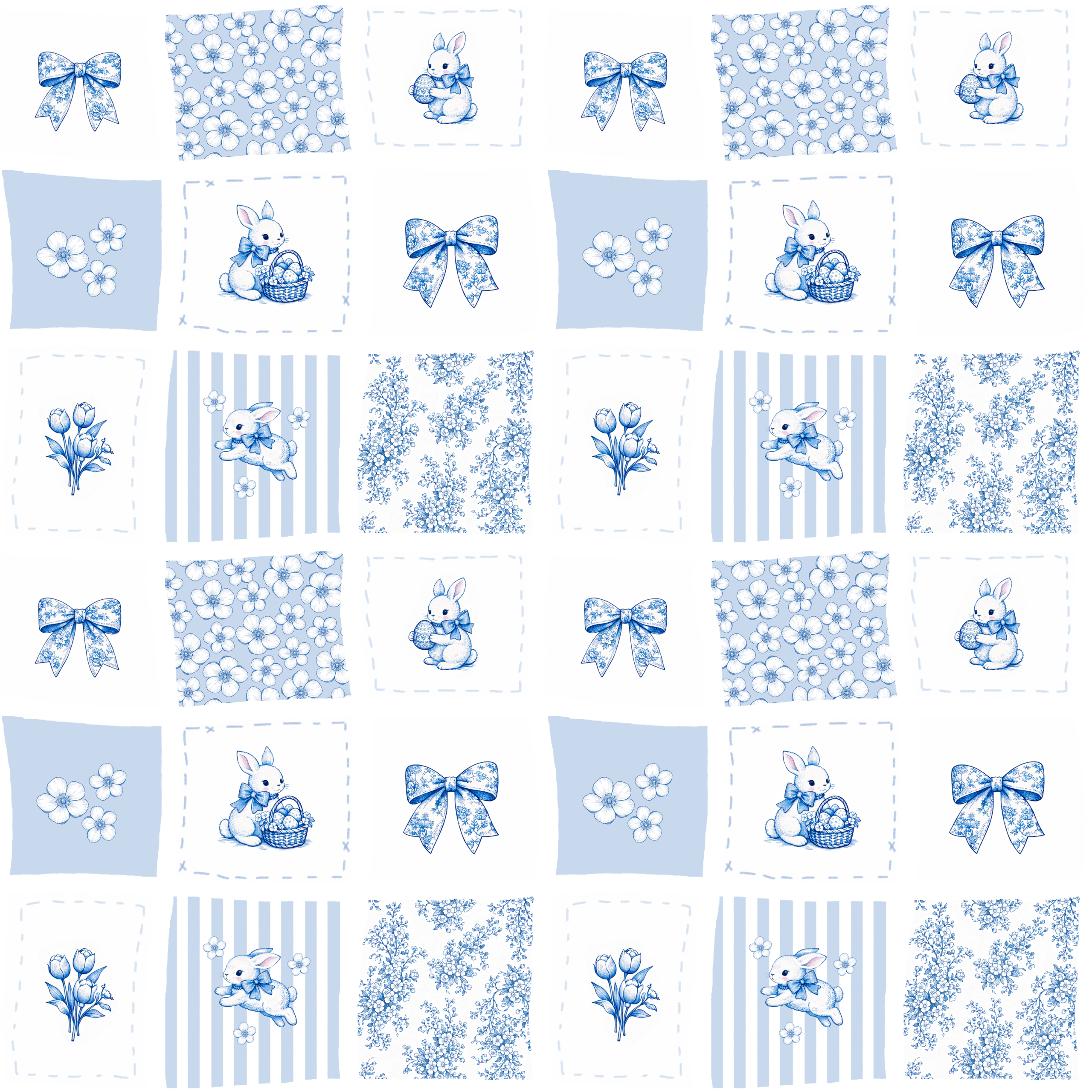 Tissu Imprimé Lapin de Paques Patchwork Bleu, 11 tissus au choix