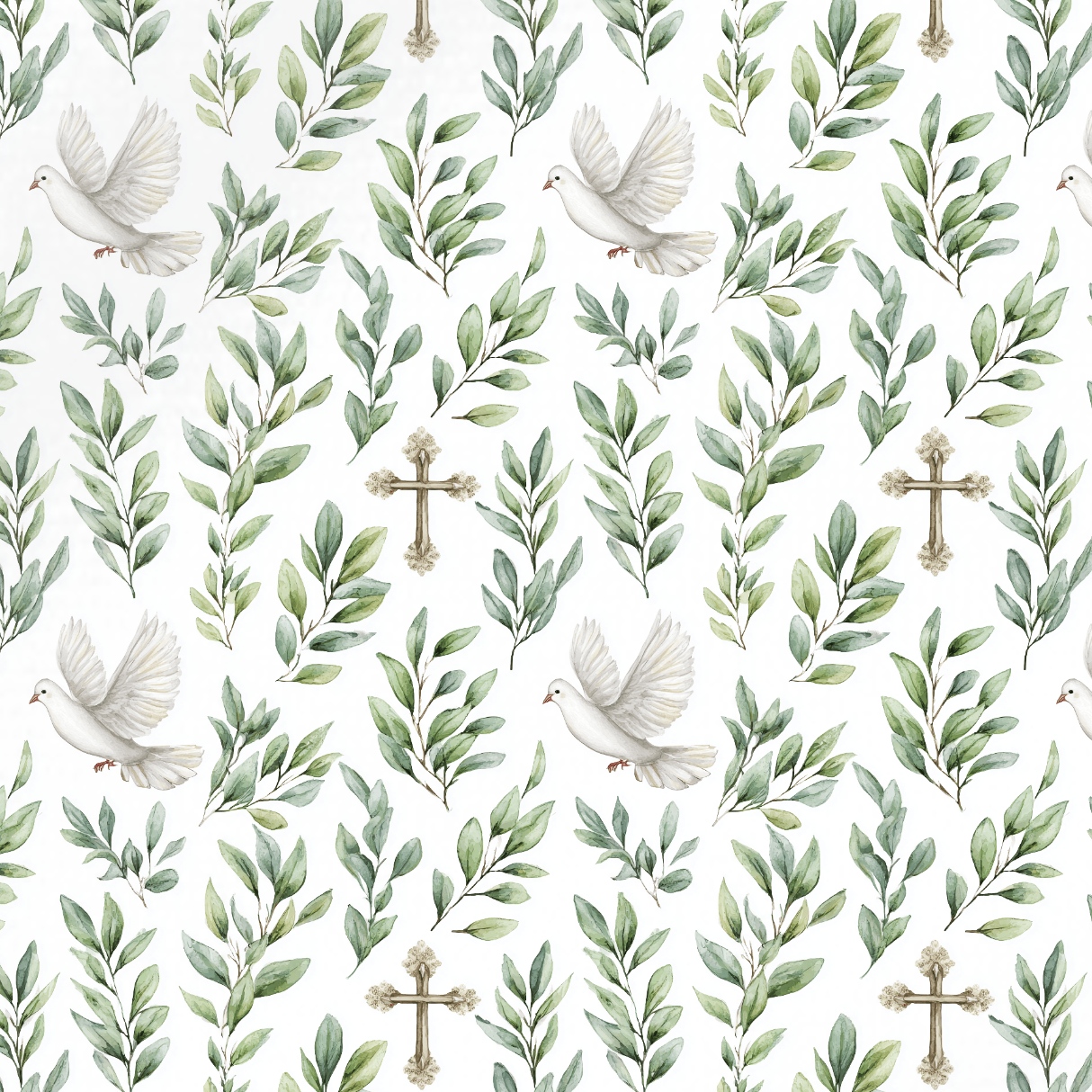 Tissu Imprimé Baptême Feuilles Colombe, 10 tissus au choix