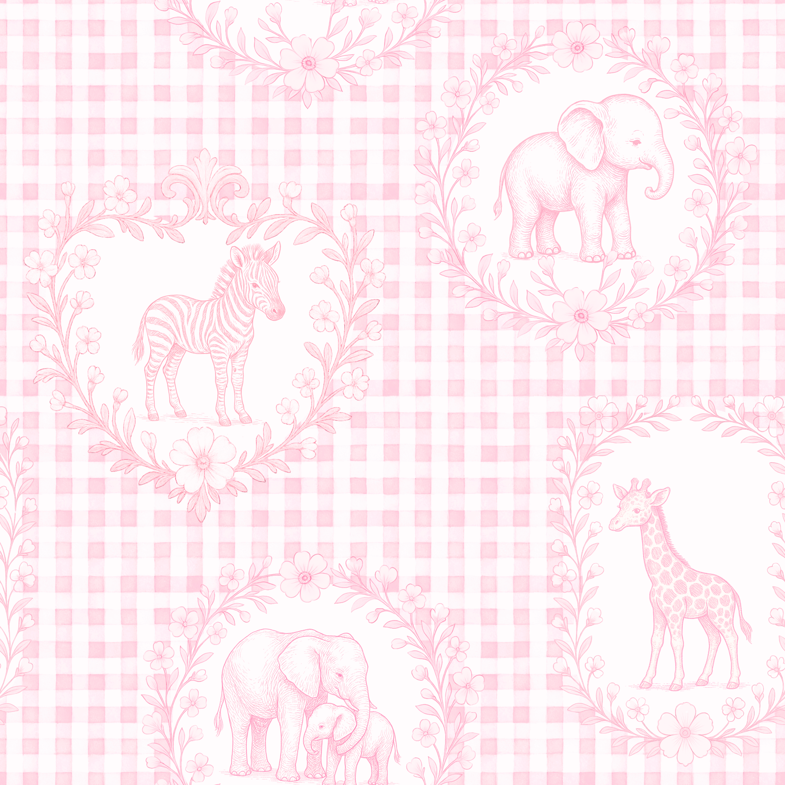 Tissu Inspiration Toile de Jouy Safari Vichy Rose, 11 tissus au choix