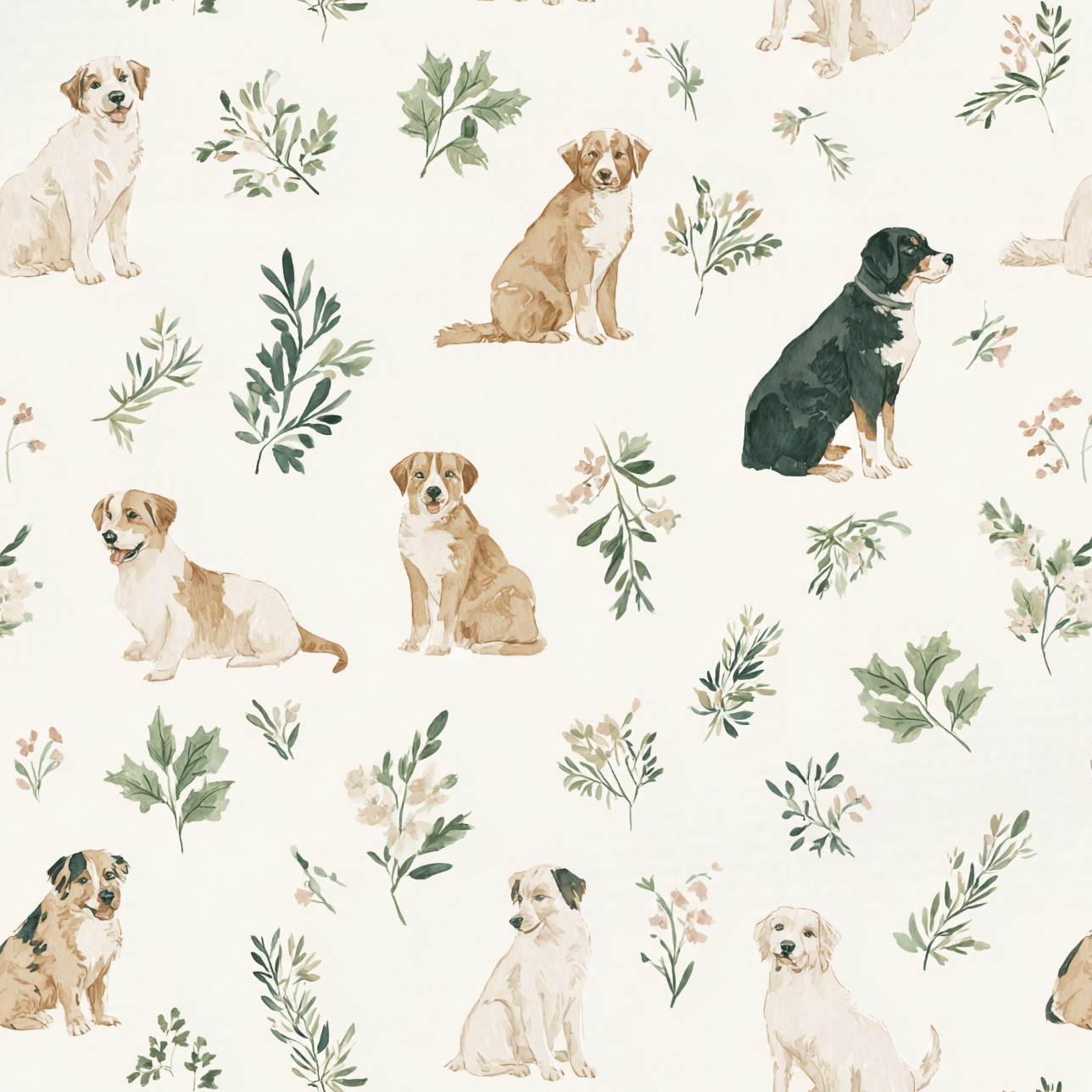 Tissu Imprimé Chiens Feuilles Crème, 10 tissus au choix