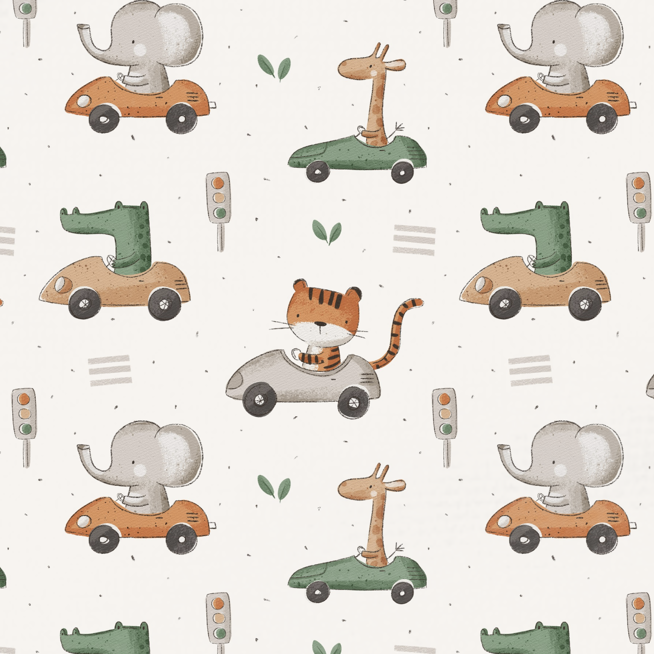 Tissu Imprimé Animaux Jungle Voitures Crème, 11 tissus au choix