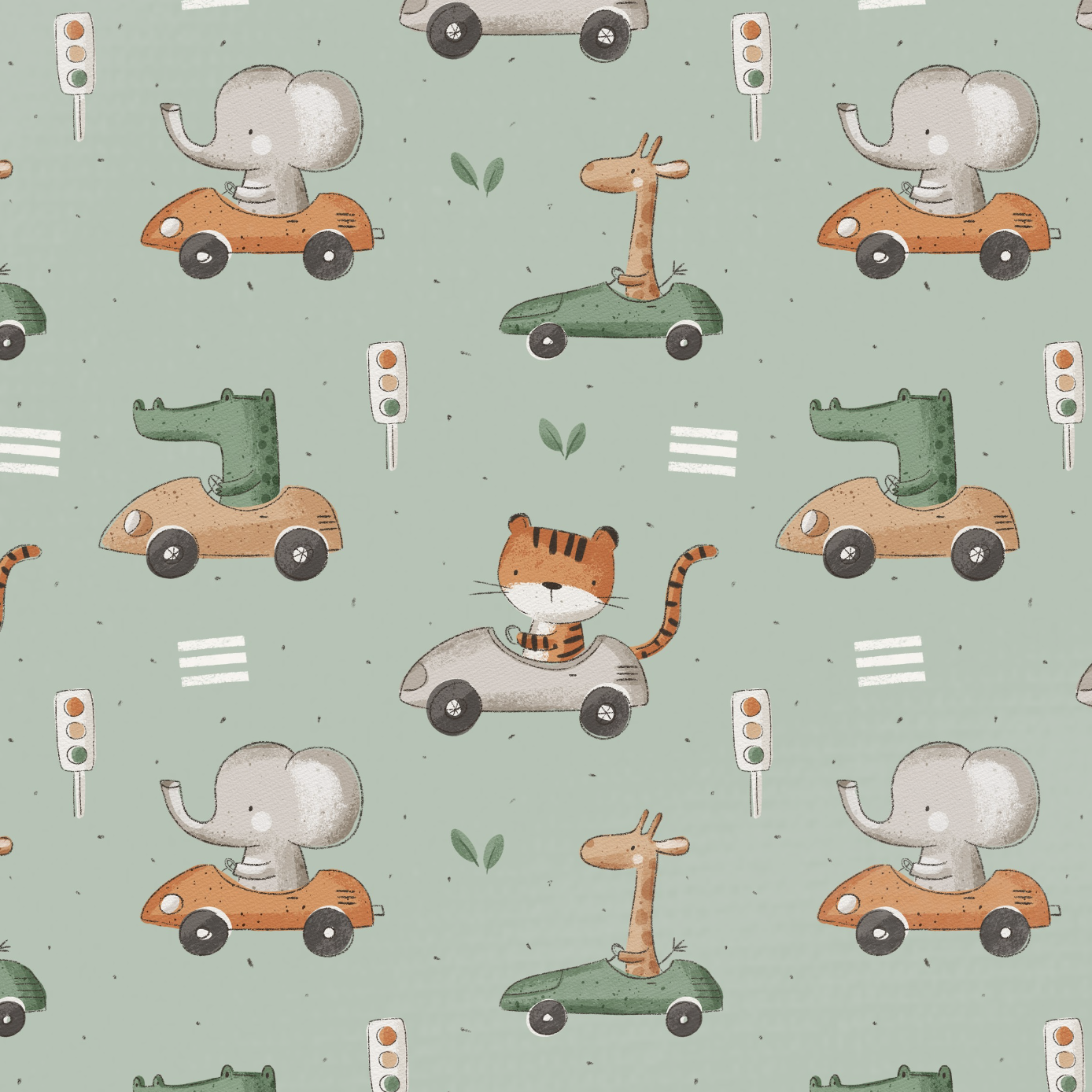 Tissu Imprimé Animaux Jungle Voitures Vert, 11 tissus au choix