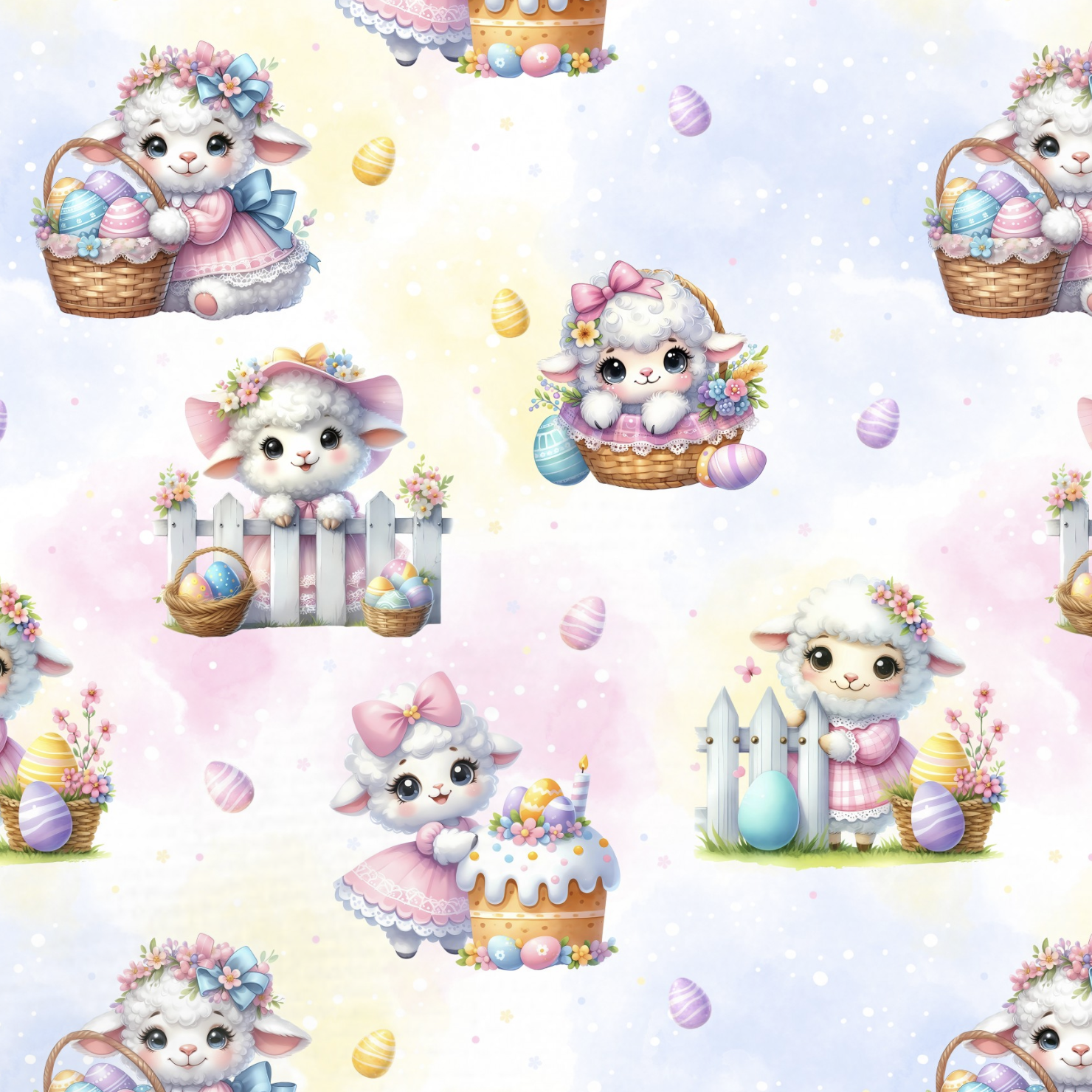 Tissu Imprimé Paques Agneau Mignon Pastel, 11 tissus au choix