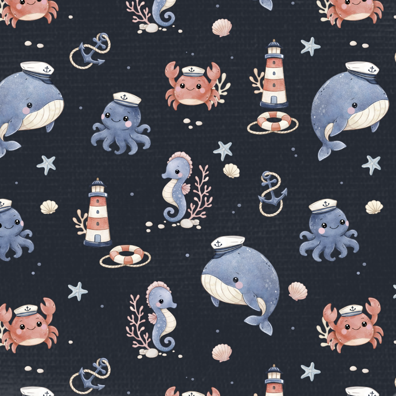 Tissu Imprimé Marin Animaux Phare Nuit, 11 tissus au choix