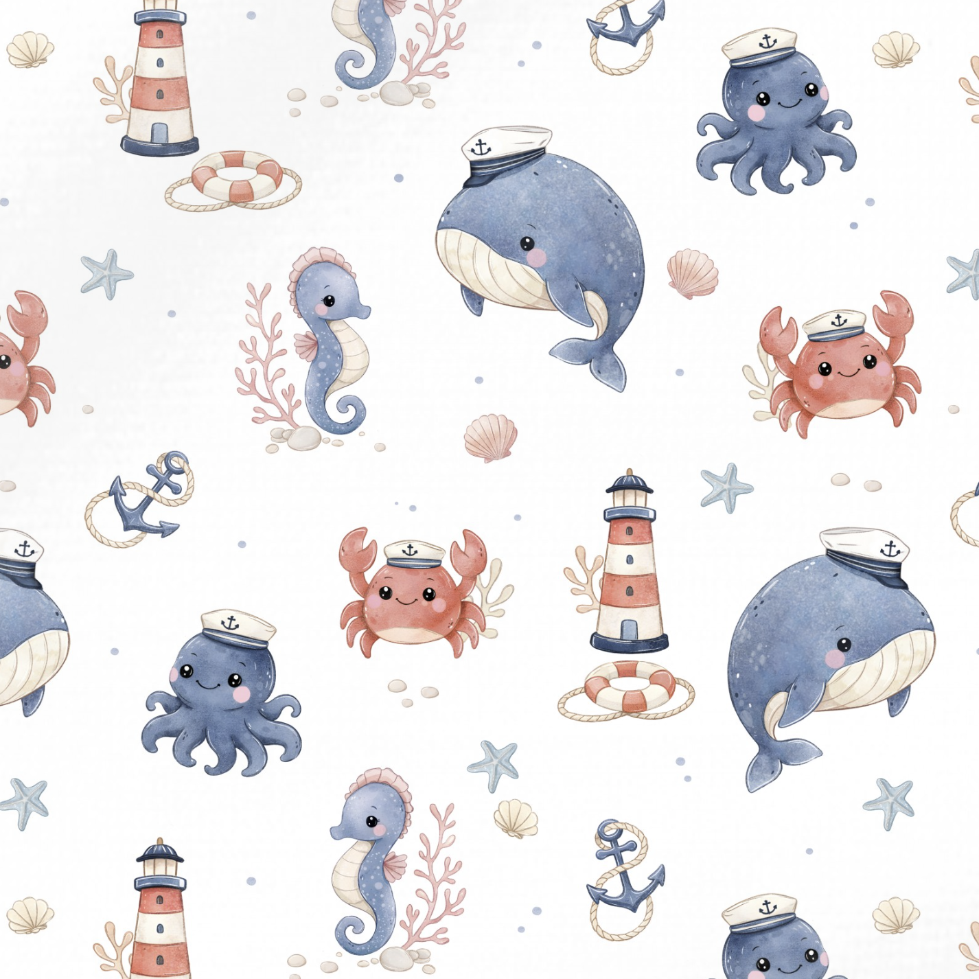 Tissu Imprimé Marin Animaux Phare Blanc, 11 tissus au choix