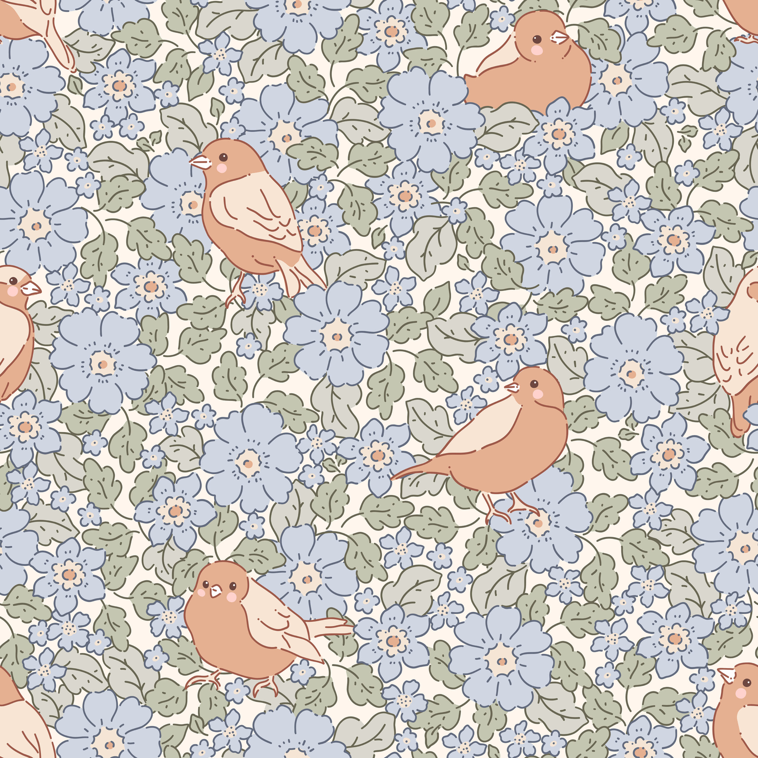 Tissu Imprimé Oiseau Fleurs Bleues Printemps, 11 tissus au choix