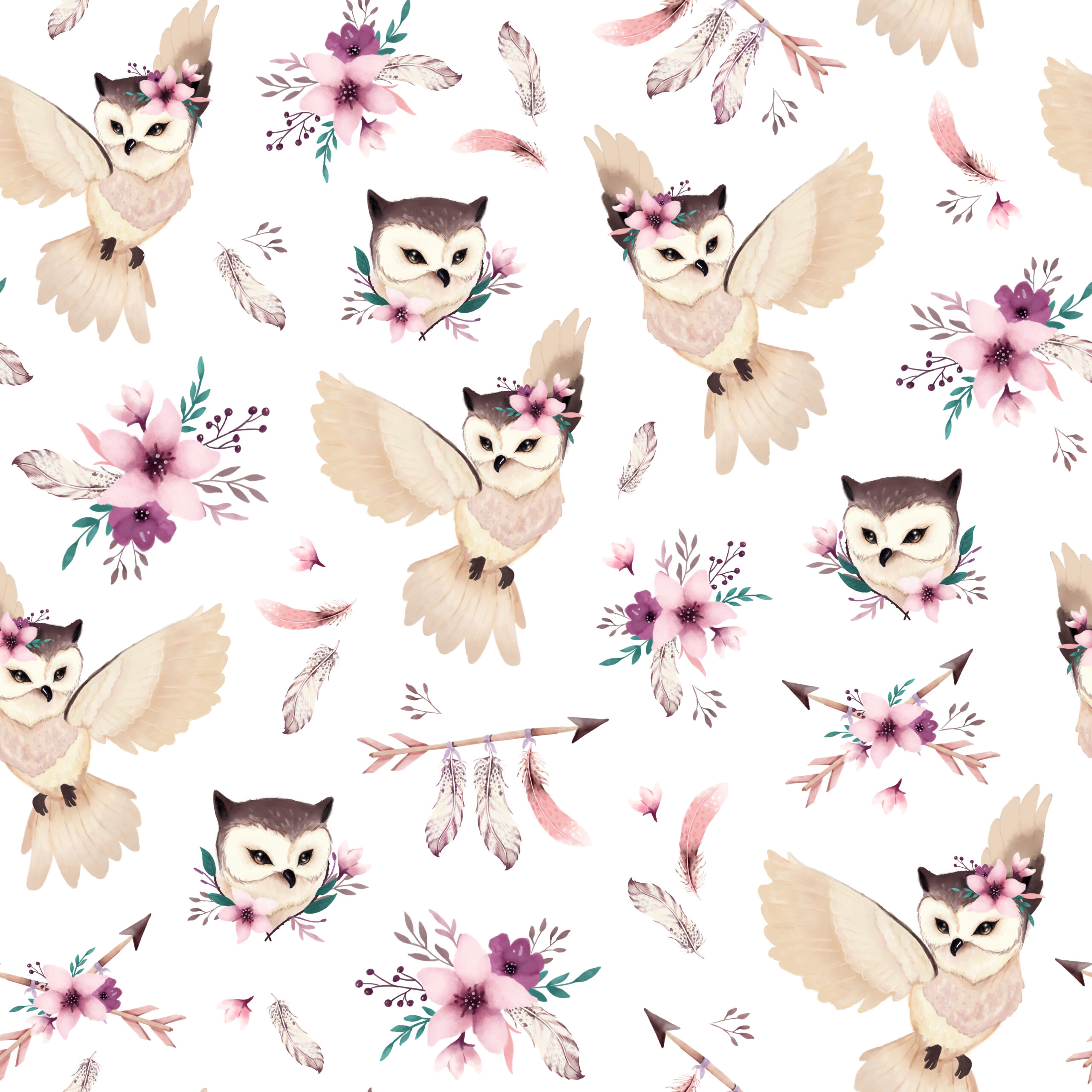 Tissu Imprimé Hibou Boho Blanc, 11 tissus au choix