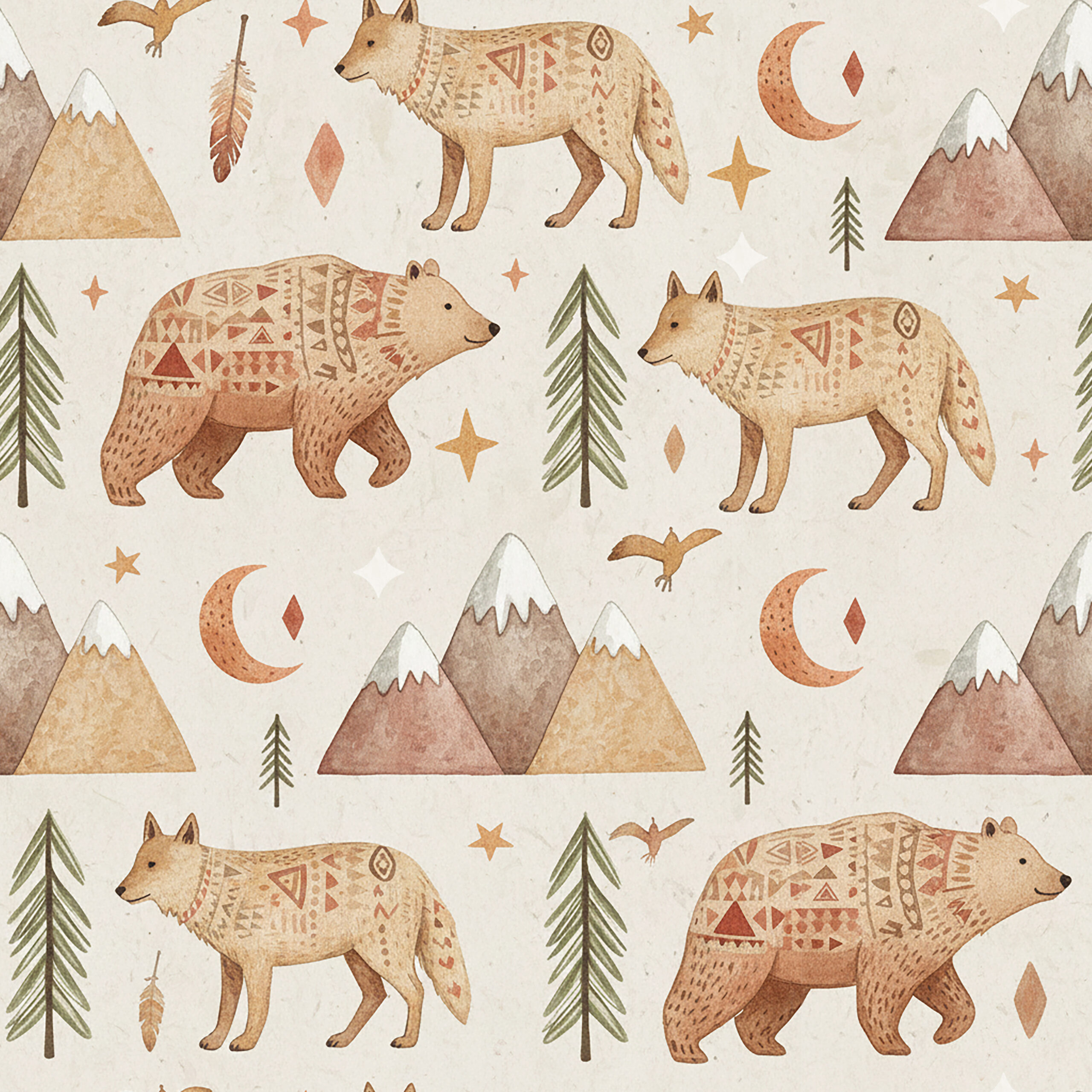 Tissu imprimé Loup Ours Foret, 11 tissus au choix