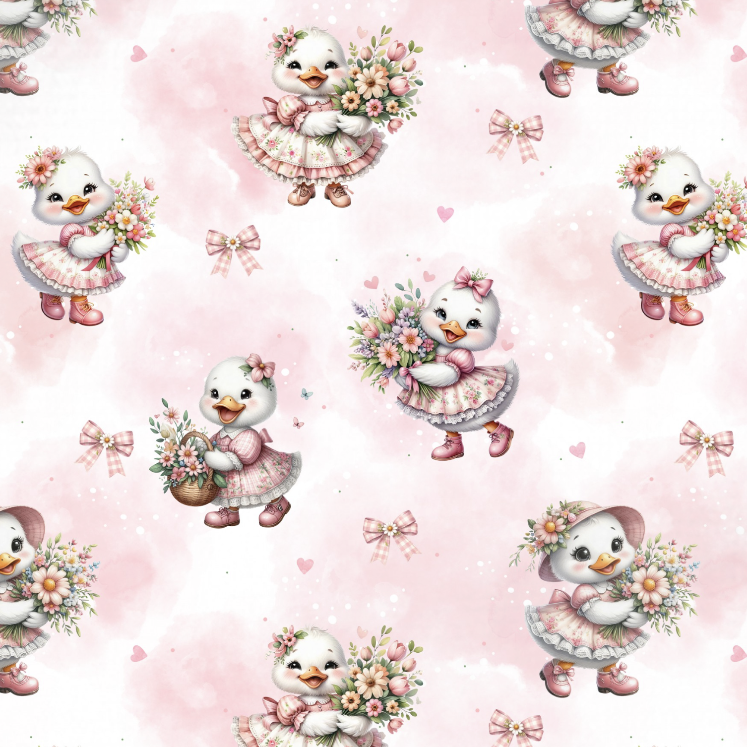 Tissu Imprimé Canard Fleurs Coeurs, 11 tissus au choix