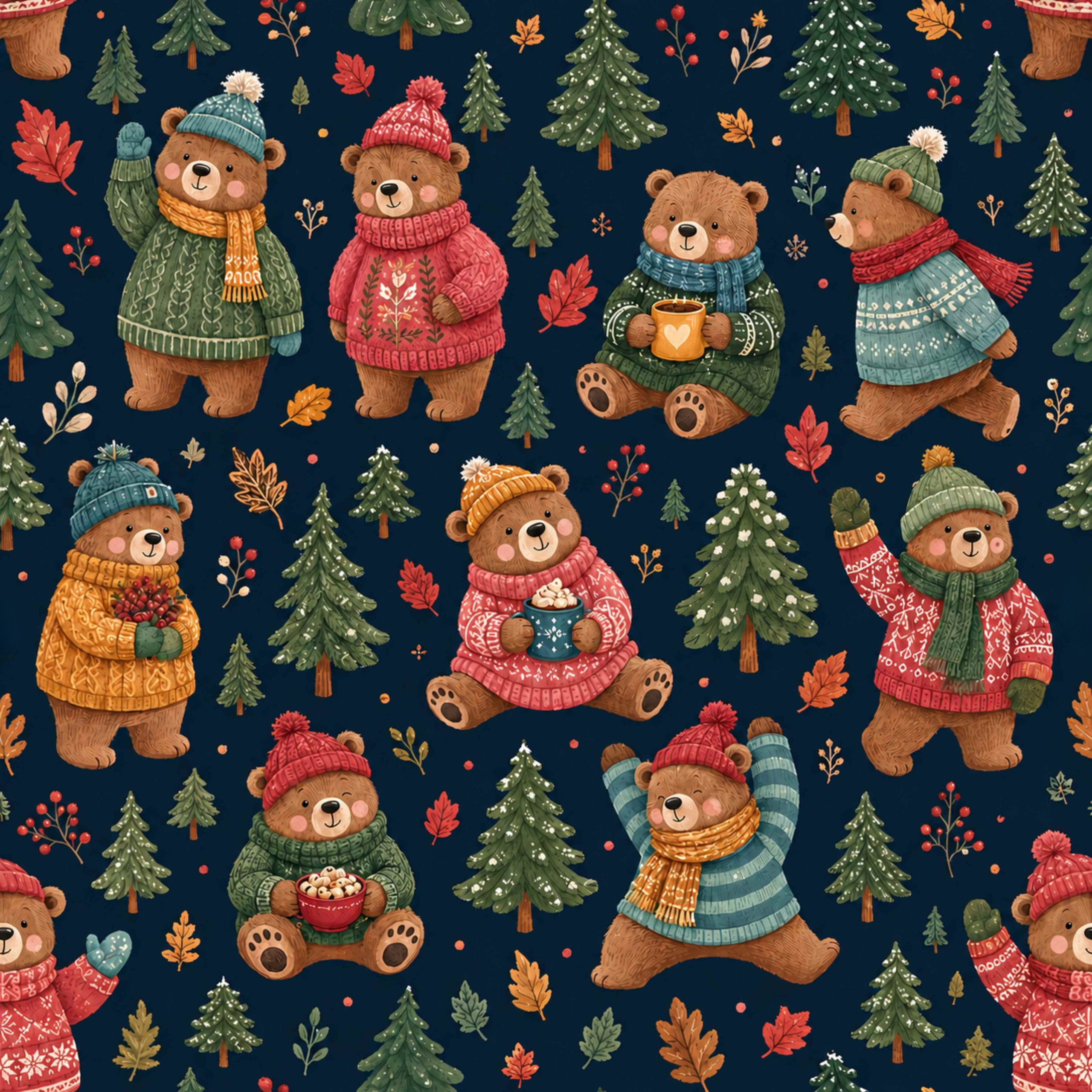 Tissu Imprimé Noel Ourson Pull Sapin, 10 tissus au choix