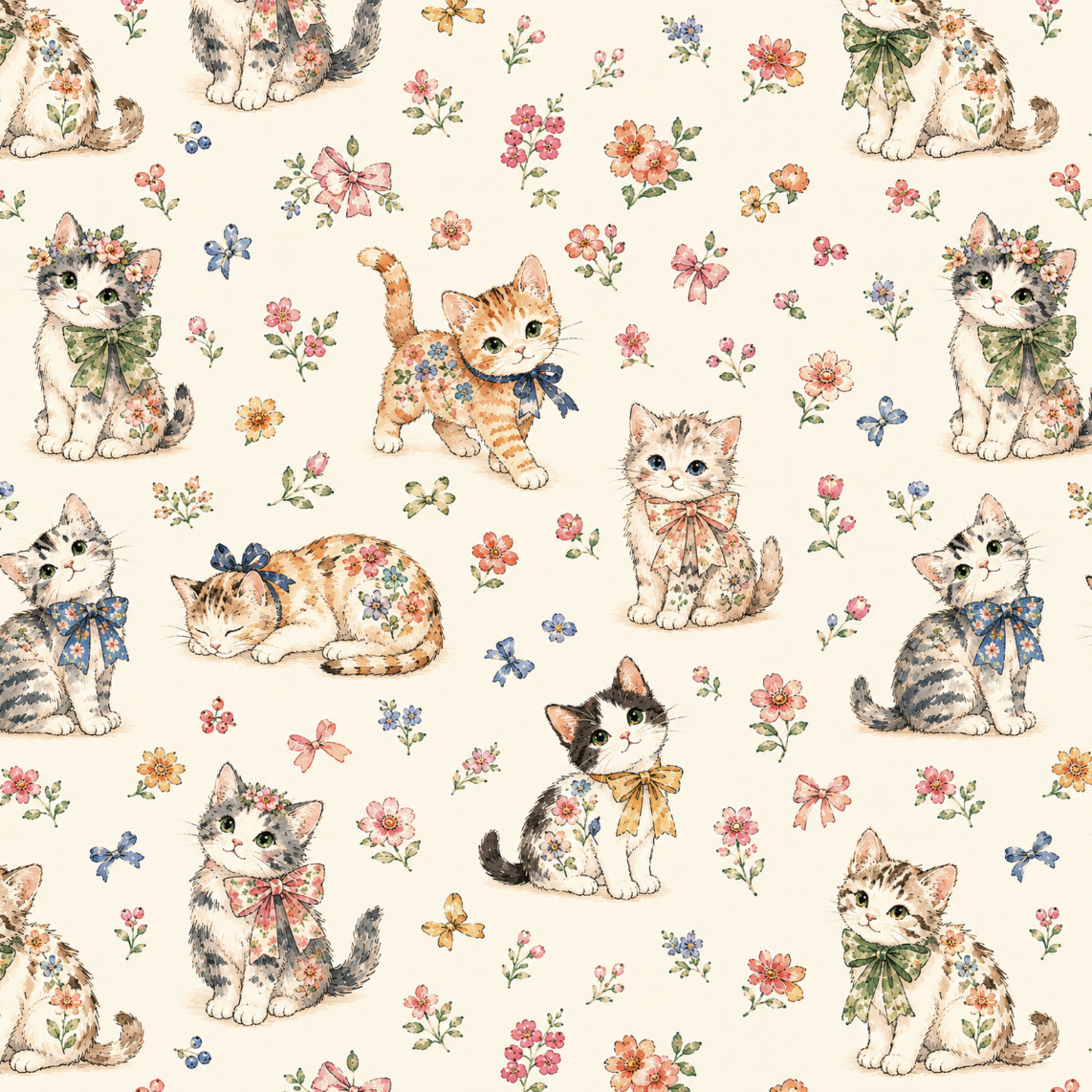 Tissu Imprimé Chats Fleurs Vintage Crème, 10 tissus au choix