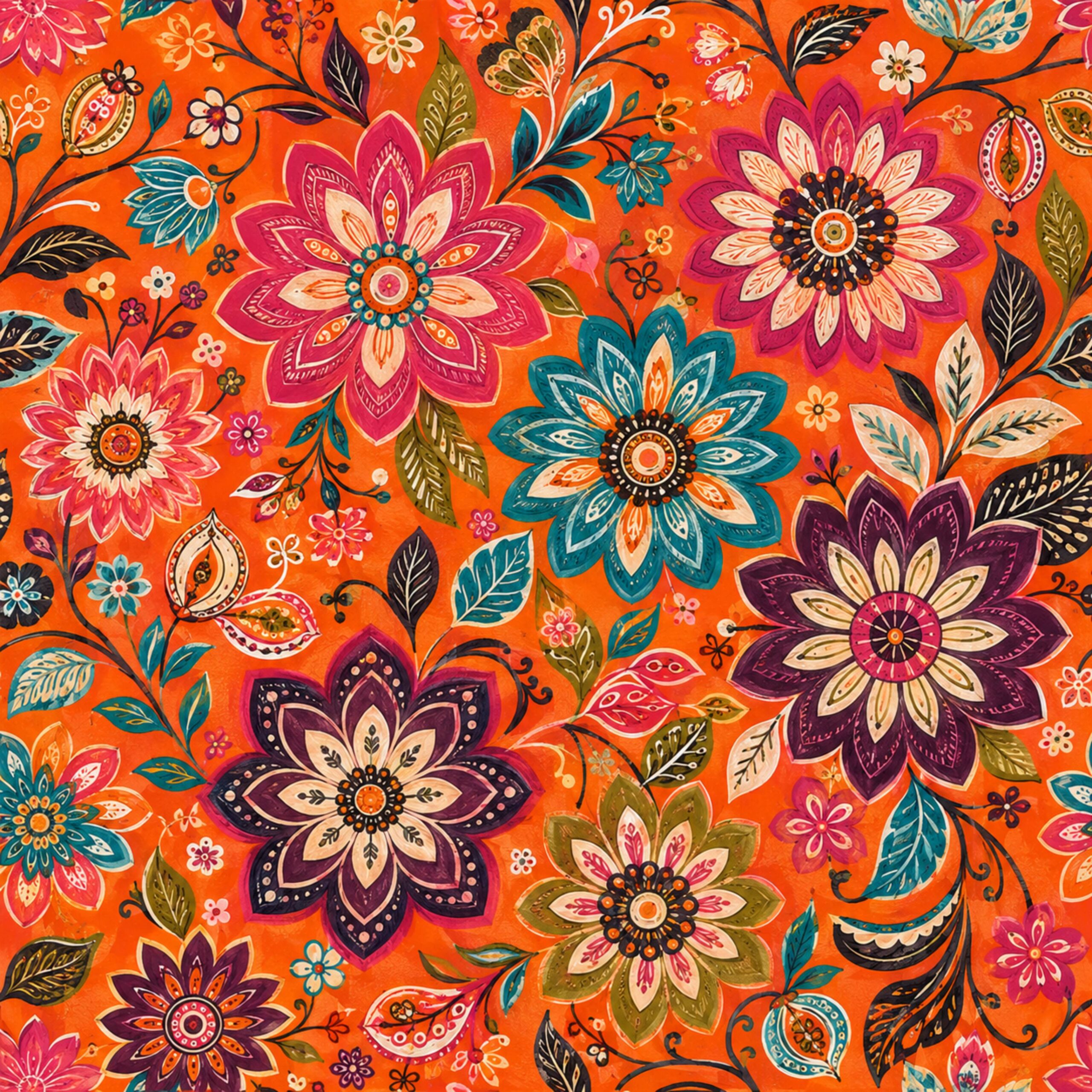 Tissu Fleurs Bohème Orange Paisley, 11 tissus au choix