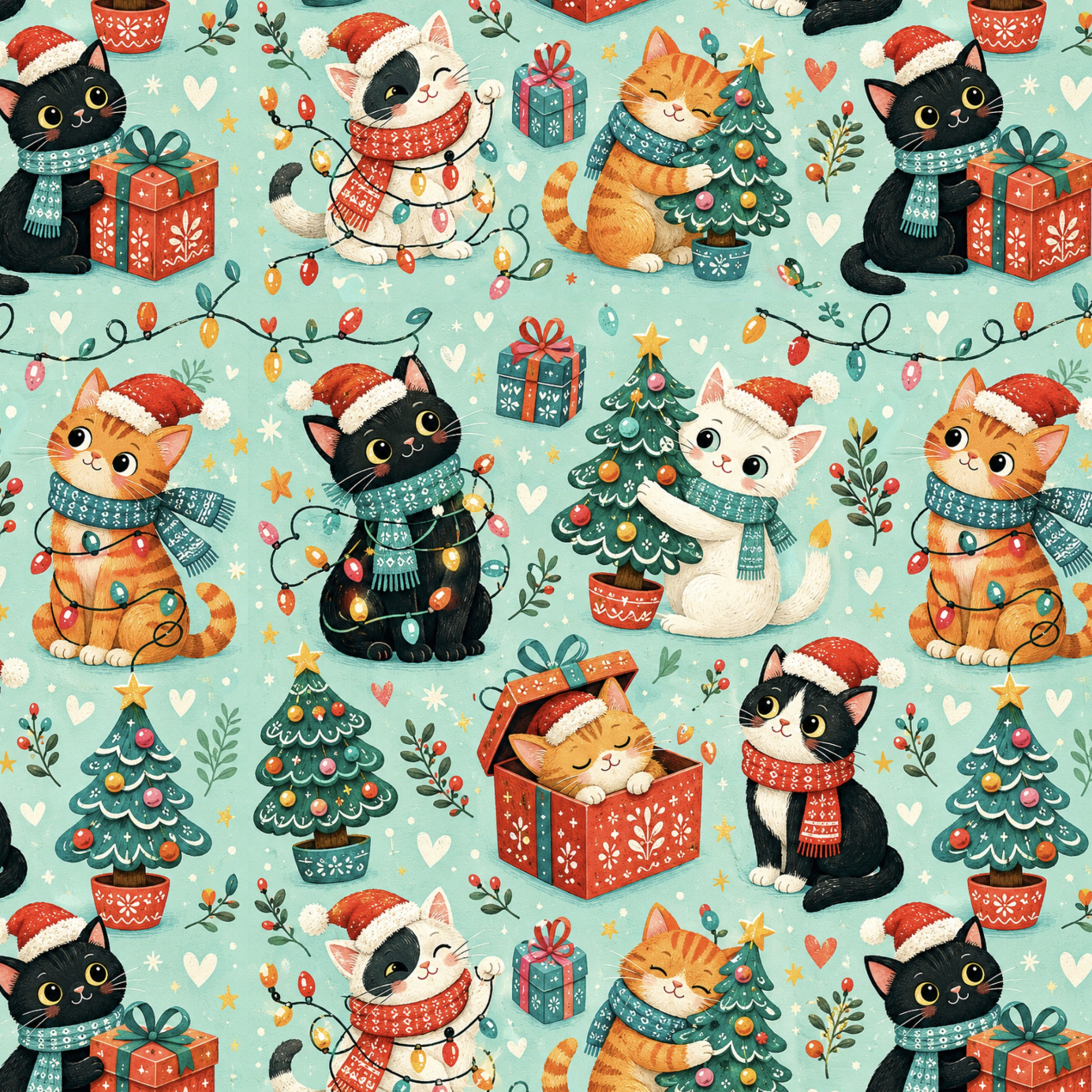 Tissu Imprimé Chats Noel Cadeau Sapin, 10 tissus au choix