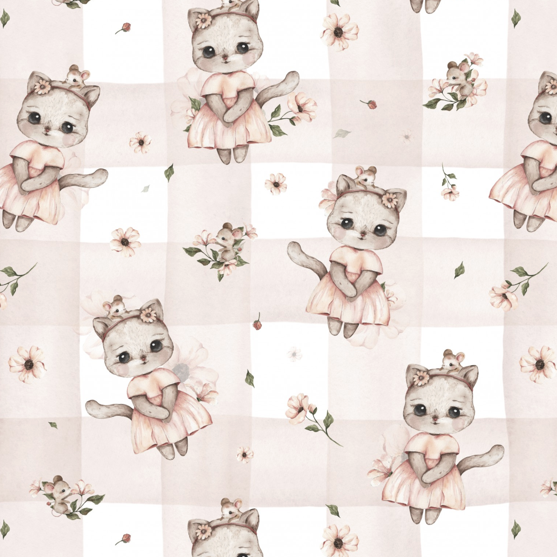 Tissu Imprimé Chat Fille Fleurs Carreaux, 10 tissus au choix
