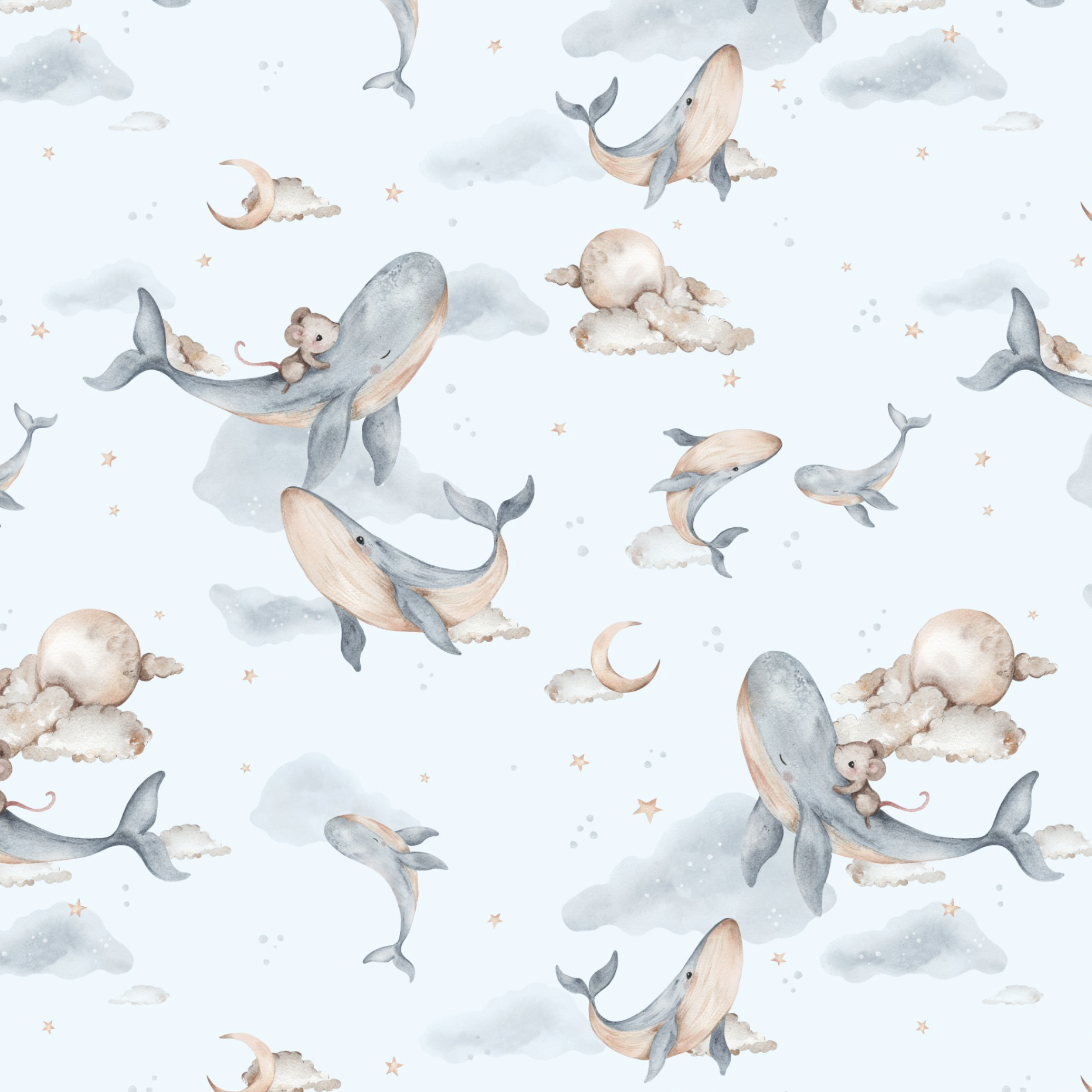 Tissu Imprimé Baleine et Lune Bleu, 11 tissus au choix