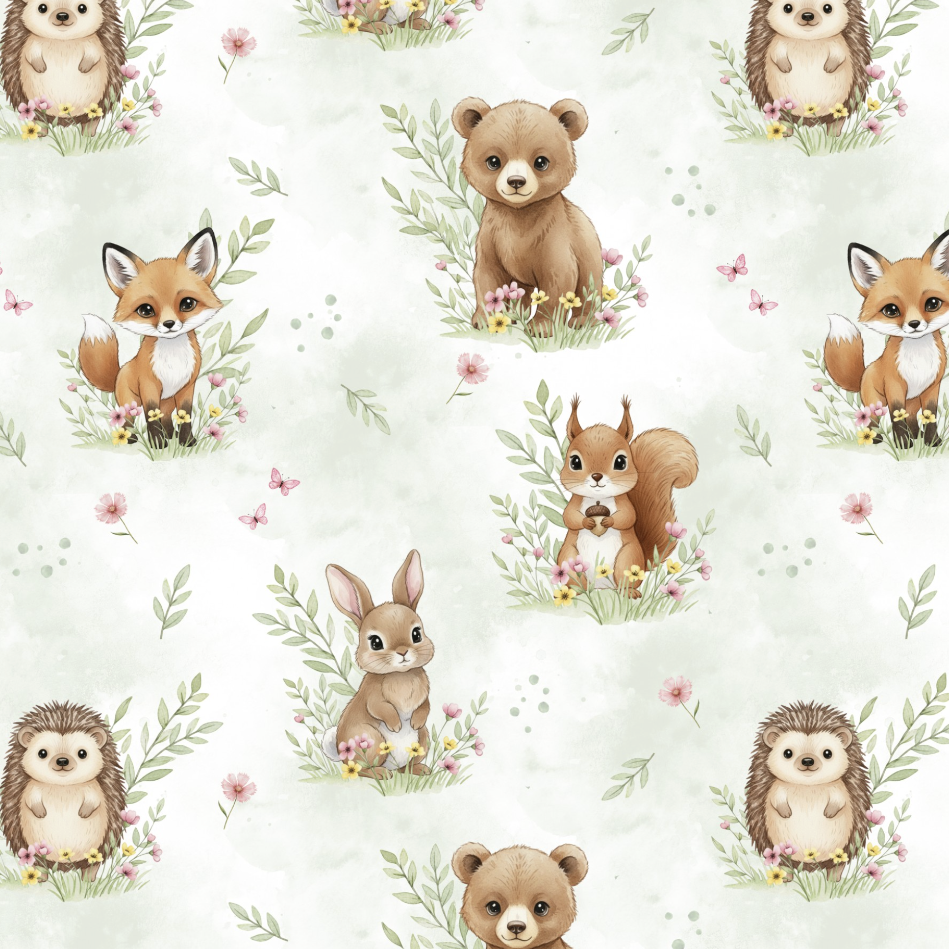 Tissu Imprimé Animaux Forêt Vert Aquarelle, 11 tissus au choix