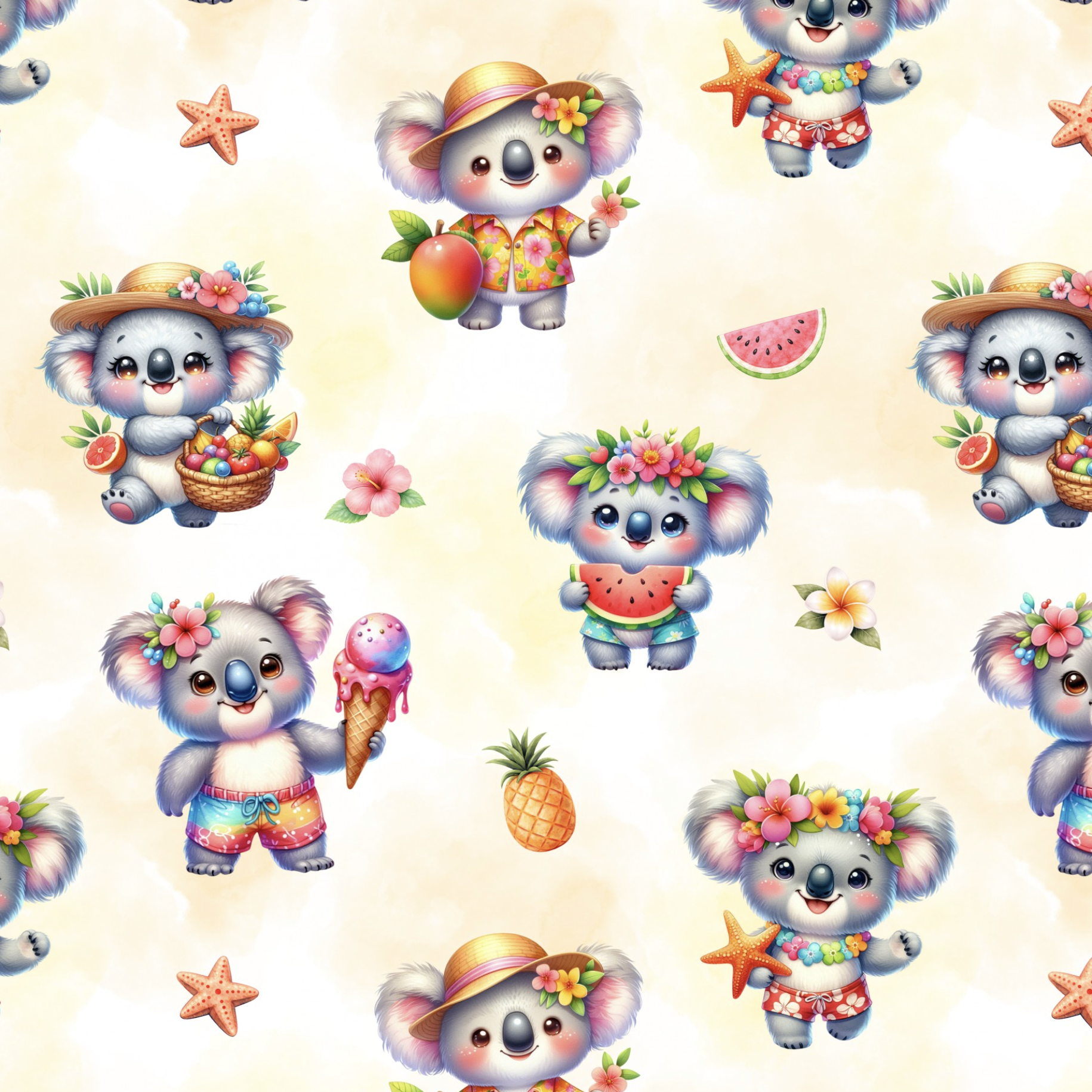 Tissu Imprimé Koala Fruits Vacances, 11 tissus au choix