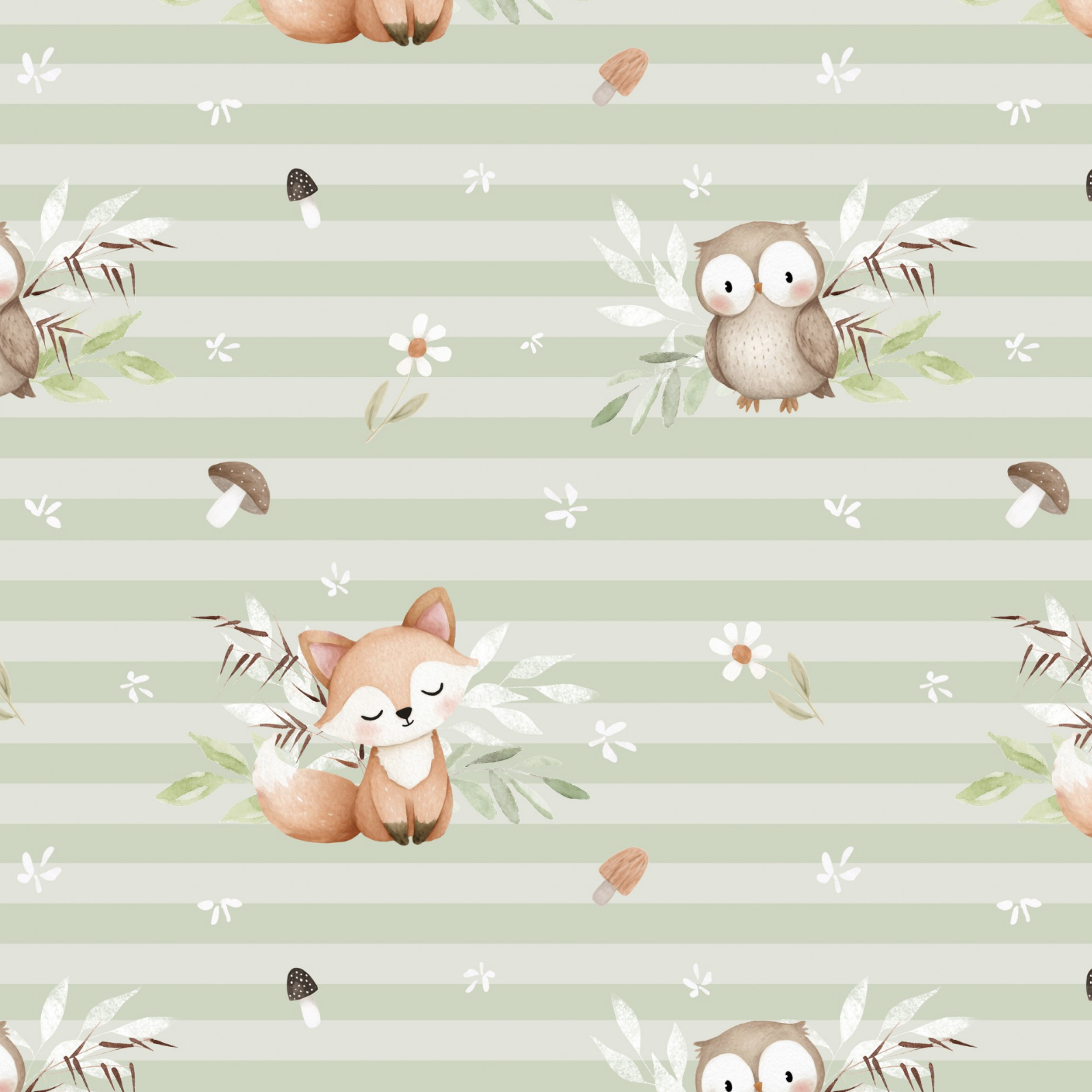 Tissu Imprimé Renard Hibou Rayures Vert, 10 tissus au choix