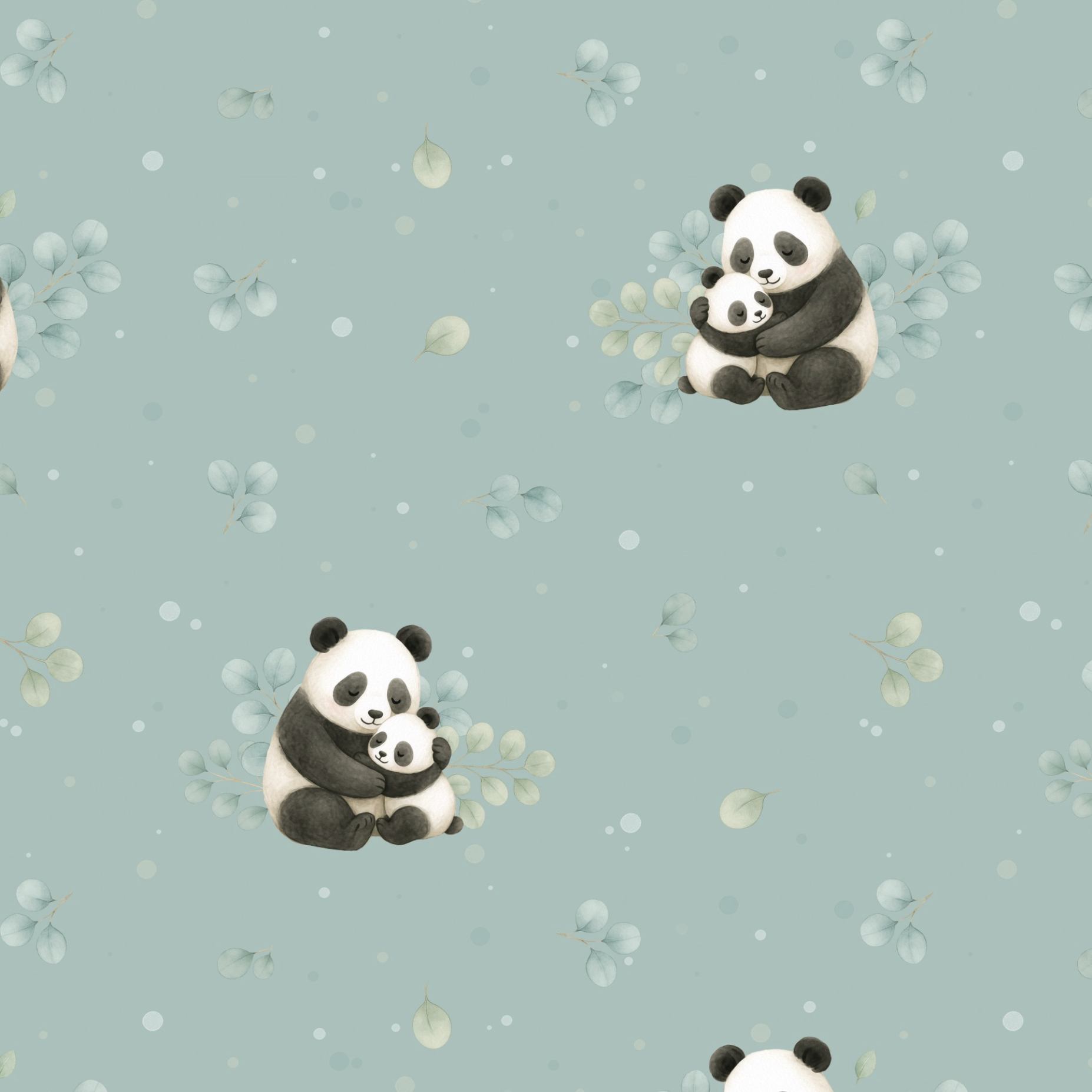 Tissu Imprimé Panda Bébé Eucalyptus Vert, 11 tissus au choix