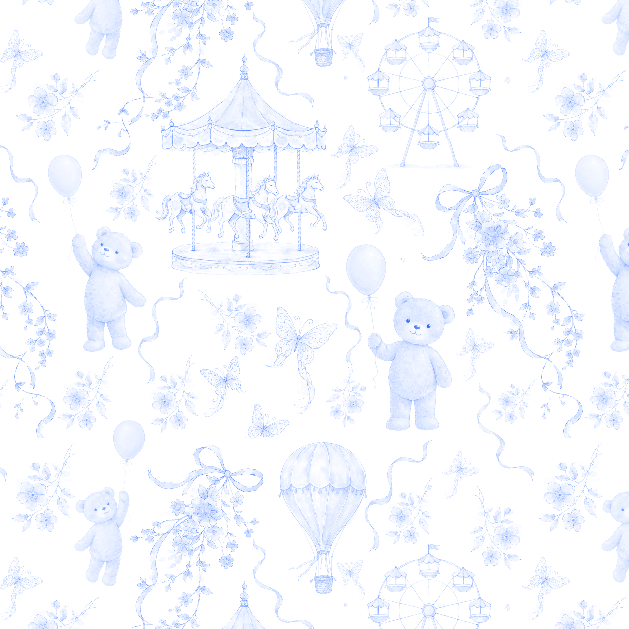Tissu Imprimé Ourson Carrousel Bleu Toile de Jouy, 11 tissus au choix