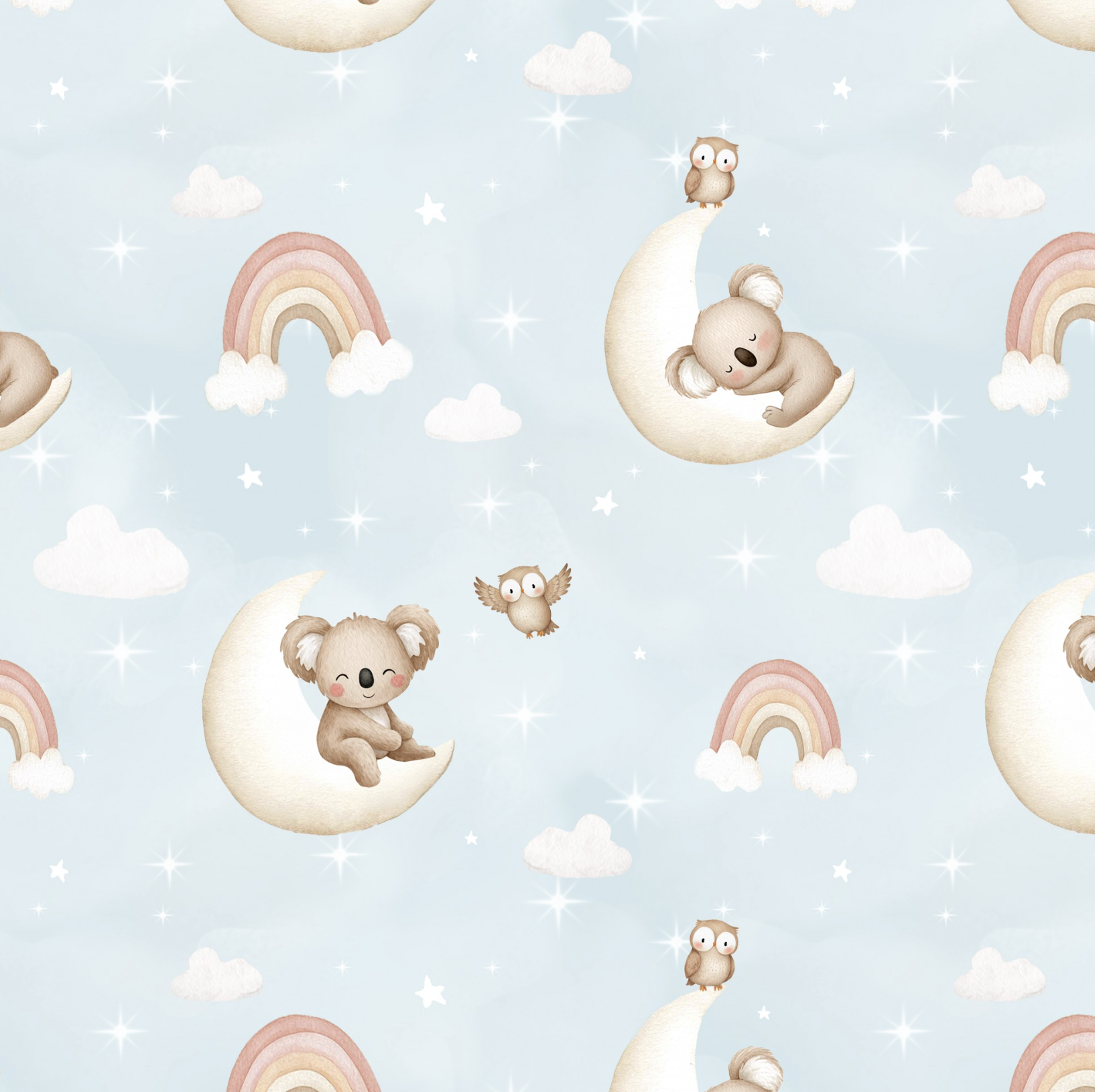 Tissu Imprimé Koala Hibou Lune Bleu, 11 tissus au choix