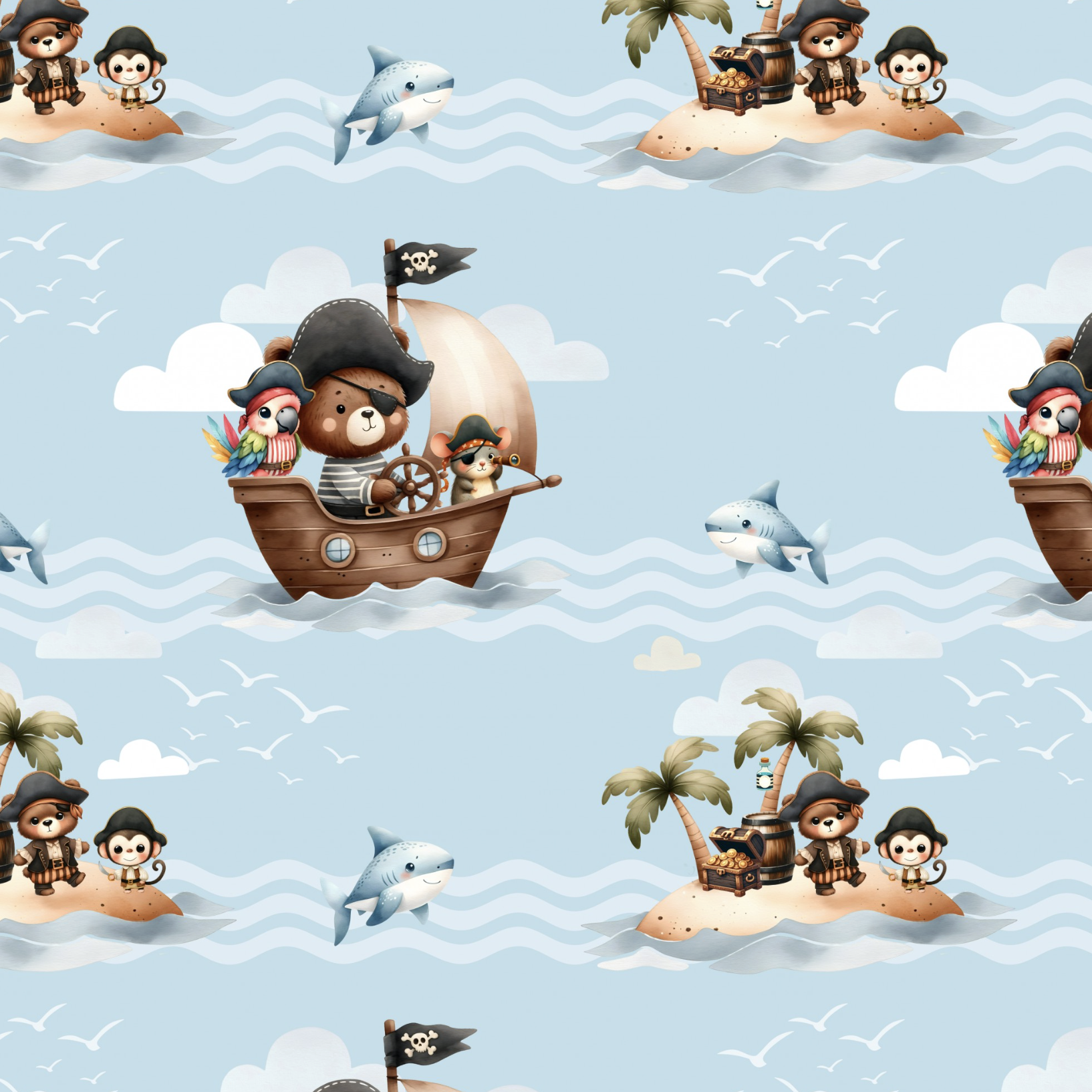 Tissu Imprimé Pirates Ourson Bateau, 11 tissus au choix