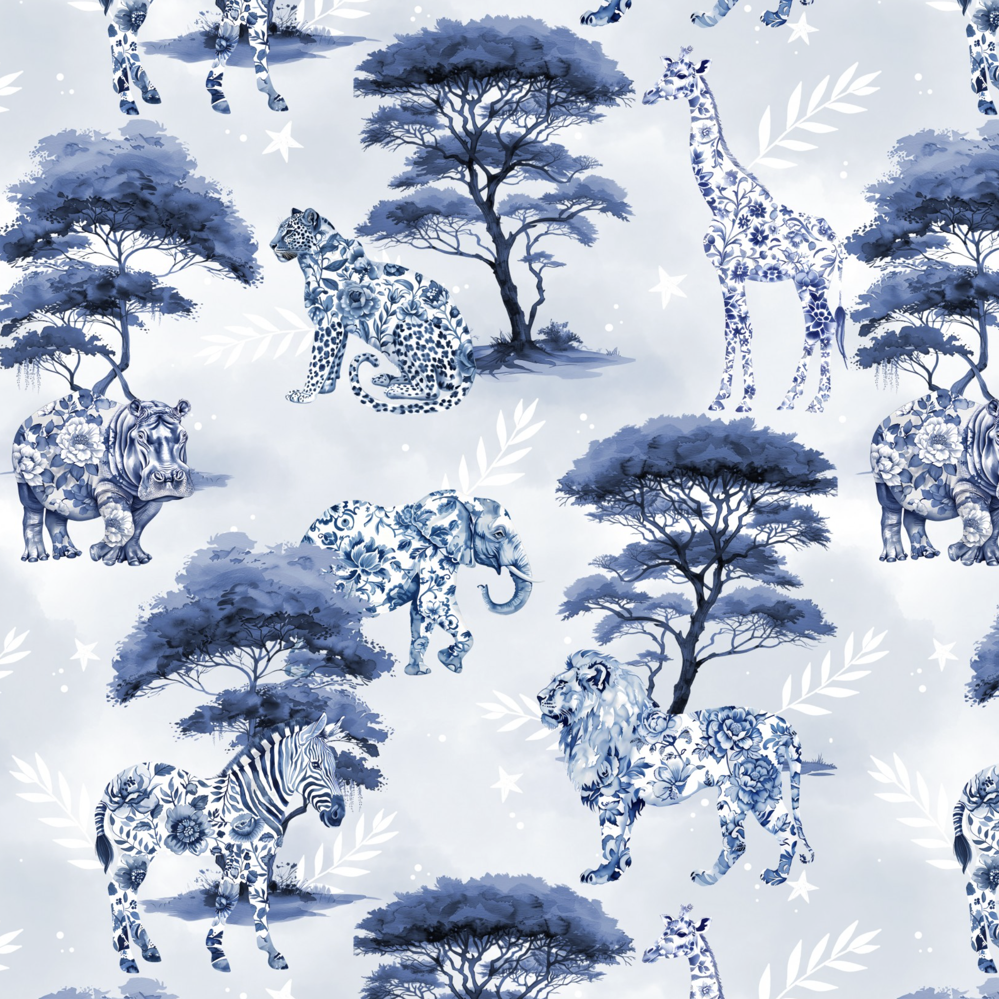 Tissu Imprimé Jungle Bleu Toile, 10 tissus au choix
