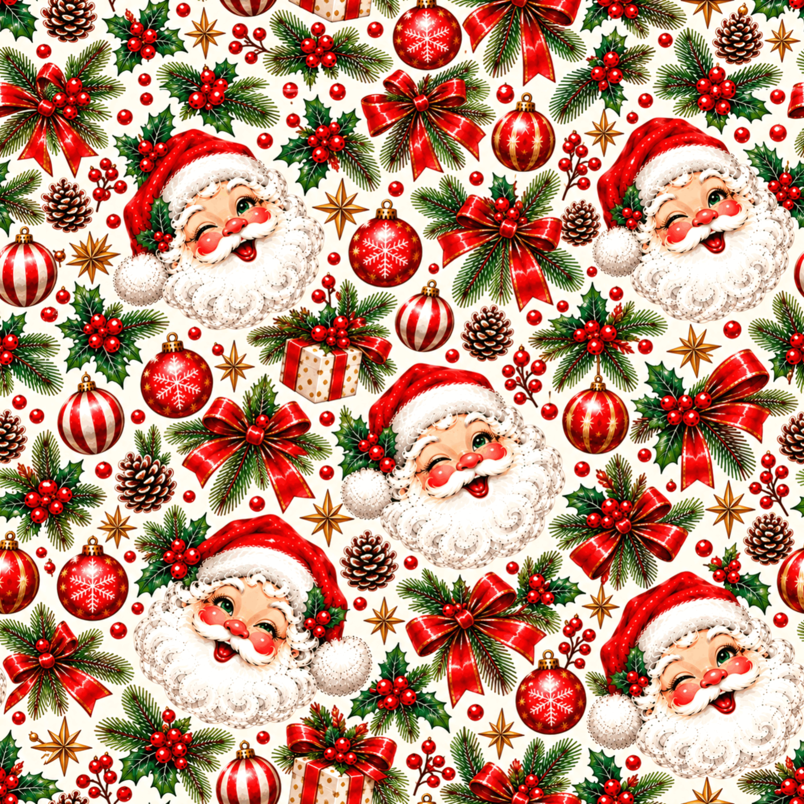 Tissu Imprimé Père Noel Boules Rouges, 10 tissus au choix