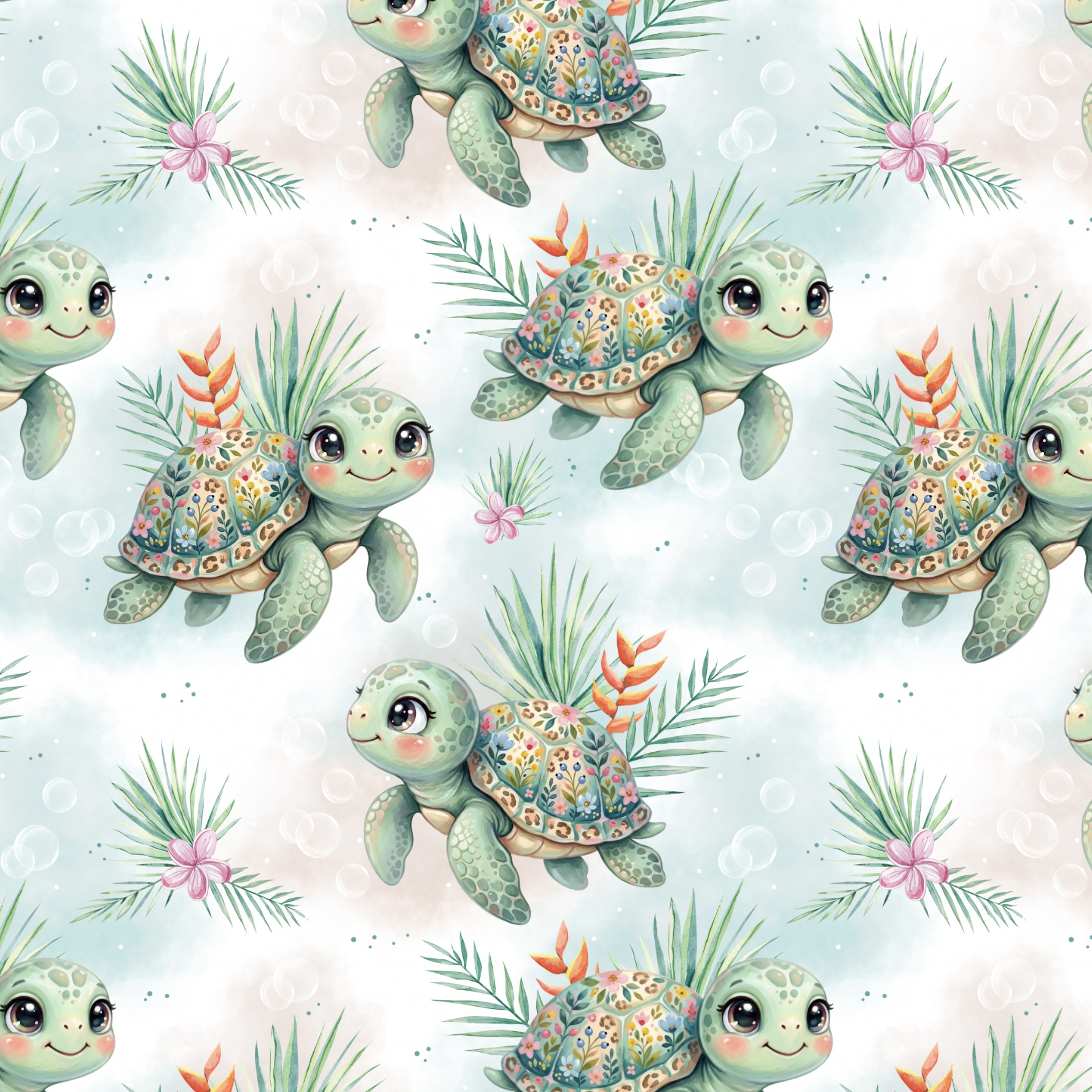 Tissu Imprimé Tortue Verte Fleurs Aquarelle, 11 tissus au choix